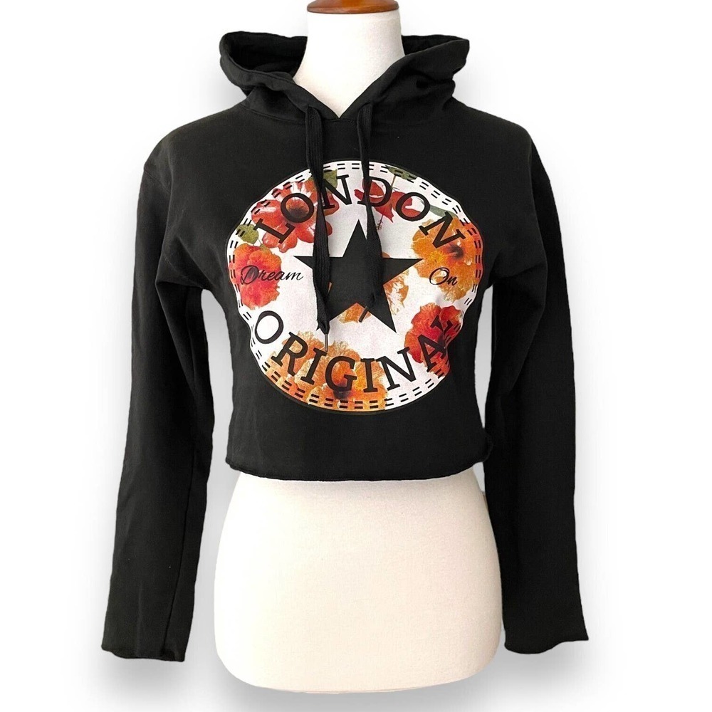 🍀Capital London Black Long Sleeve London Dream On Original Crop Hoodie Top Small